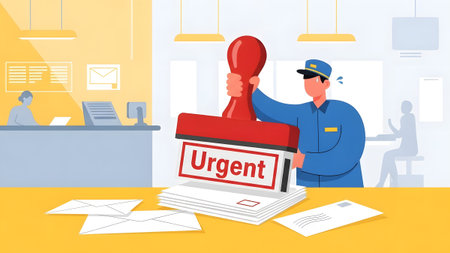 A postal worker in uniform stamps a stack of letters with an urgent seal. Clear details and vibra...