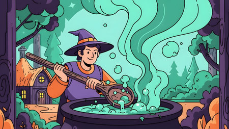 A witch in a pointed hat stirs a bubbling green potion in a cauldron in a forest. Clear details a...