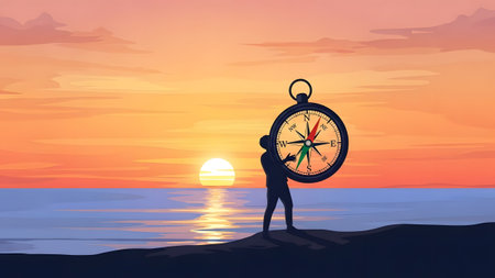 Silhouette showing silhouette of person holding compass at sunset over ocean