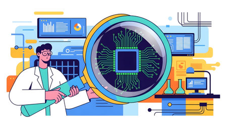 A scientist studies a microchip's intricate circuits through a large magnifying glass.