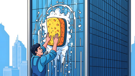A man in overalls washes a skyscraper window with a large sponge and soapy water. Clear details a...