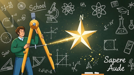 Young student with compass measures star on chalkboard surrounded by science and math symbols