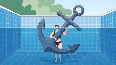 Woman in swimwear holds a large anchor in a tiled swimming pool with water and trees.