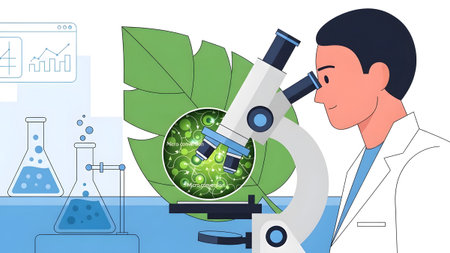 A scientist looks through a microscope at green plant cells, with lab equipment in the background.