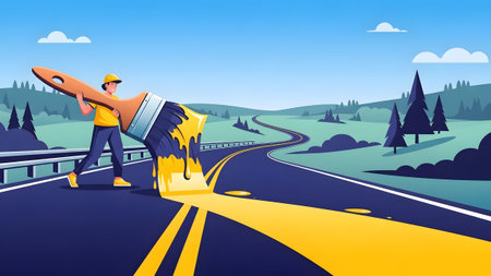 A person uses a giant brush to paint a yellow line on a winding road through a green landscape.