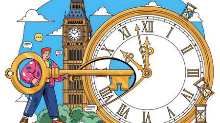 A person holds a giant key near Big Ben and a large clock face, symbolizing time. Clear details a...