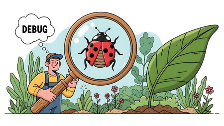 Man uses a magnifying glass to examine a ladybug.