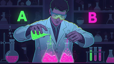 Scientist showing scientist mixing glowing liquids in laboratory flasks. High resolution image...