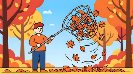 A boy in an orange sweater catches falling autumn leaves with a net. Clear details and vibrant co...