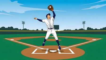 A baseball player leaps high in the air to catch a ball with their glove on a baseball field.