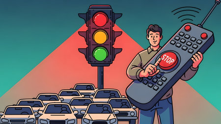Remote showing man controls traffic with giant remote control stop button. High resolution image...