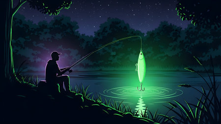 A silhouette of a fisherman casts a glowing lure into a dark, tranquil lake at night.