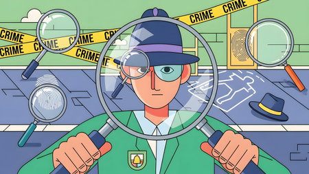 Scene showing detective investigates crime scene with magnifying glasses. High resolution image...