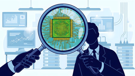 A magnifying glass inspects a green microchip with intricate circuits in a modern office setting.