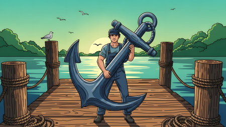 Man stands on a wooden dock holding a large anchor with calm water and green hills.