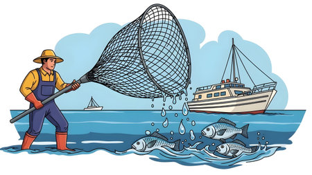 A fisherman in overalls and hat uses a large net to catch fish in the ocean near a boat.