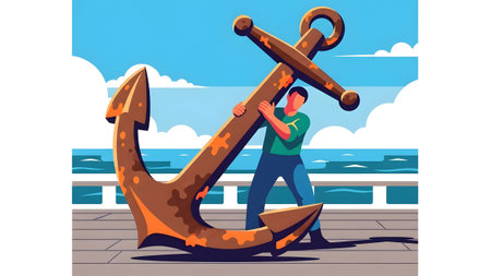 A man in a green shirt holds a large, rusty anchor on a wooden deck by the sea. Clear details and...