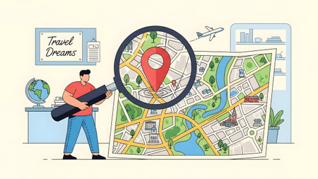 A person examines a map with a magnifying glass, with travel icons and a Travel Dreams sign.