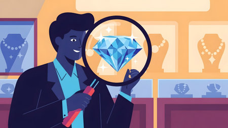 A man in a suit examines a sparkling diamond through a magnifying glass in a jewelry store.