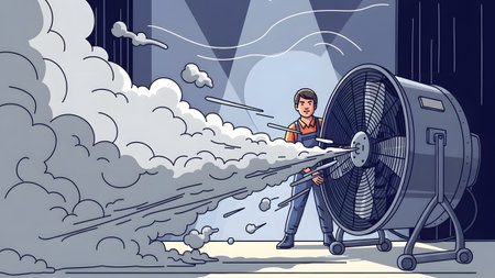 A man stands near a giant industrial fan blowing a large amount of smoke.