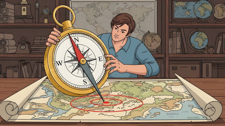 A man examines a large compass and a detailed map on a table in a room with globes.