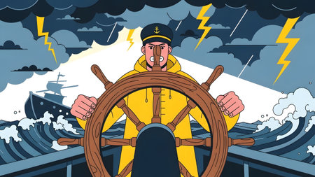 An angry captain in a yellow coat steers a ship through a violent storm with lightning in the sky.