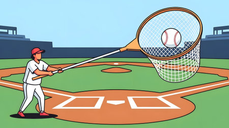 A baseball player in a white uniform holds a net to catch a baseball on a stadium field.