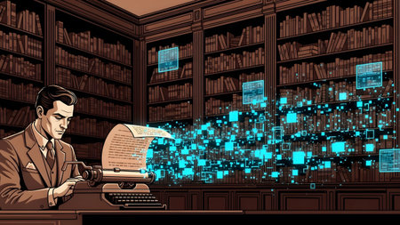 Businessman at a desk with a typewriter, digital data streams from paper in a library.
