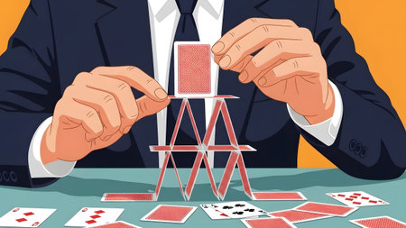 A man in a suit carefully builds a house of cards, surrounded by scattered playing cards.