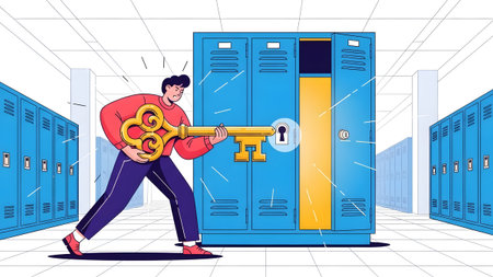 Determined person with large ornate key opening blue school locker Clear details and vibrant colo...