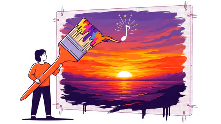 Person painting a vibrant sunset scene on a canvas with a large paintbrush. Clear details and vib...