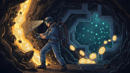 A miner with a pickaxe and backpack works in a cave, with cryptocurrency coins around.