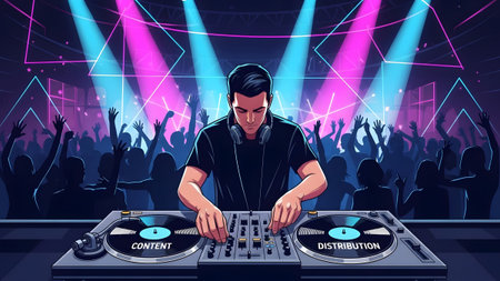 A DJ plays music for a crowd under vibrant pink and blue neon lights. Clear details and vibrant c...