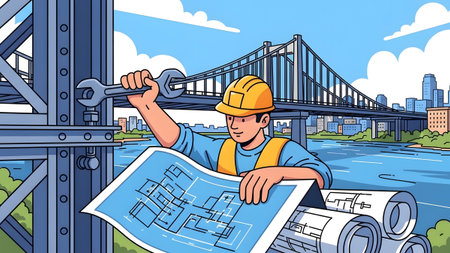 A construction worker holding blueprints and a wrench stands near a large bridge. Clear details a...