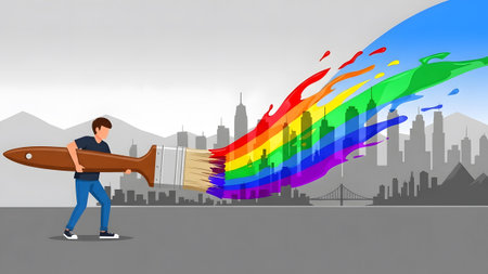Man uses a giant paintbrush to paint rainbow colors over a city skyline. Clear details and vibran...