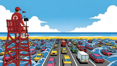 Stock showing lifeguard watches over flooded highway with traffic jam. High resolution image...