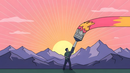 A man holds a giant brush, painting a colorful sunset sky over purple mountains. Clear details an...
