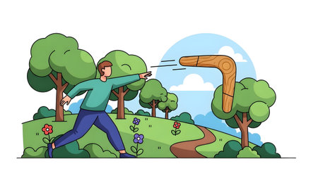 Person throwing a boomerang in a green park with trees, flowers, and a winding path.の写真素材