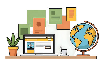 Laptop displaying a travel website sits on a desk next to a globe and a potted plant.