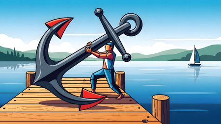 Man struggles to hold a large anchor on a wooden pier with water and a sailboat in background.