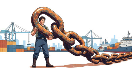 A man in work clothes holds a large, rusty chain at a busy shipping port with cranes and ships