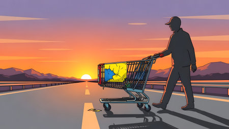 Silhouette of a man pushing a shopping cart with a Ukrainian flag on an empty road at sunset.の写真素材