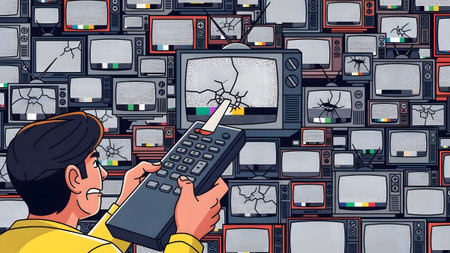 Man holding a remote control, looking distressed, surrounded by many old televisions with...