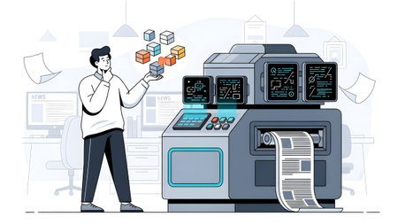 A man holds colorful cubes near a complex machine with multiple screens displaying data.