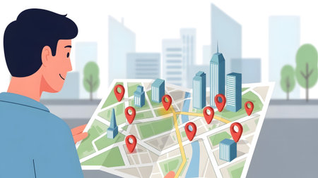 Man looking at a map with red location pins and a blurred city skyline. Clear details and vibrant...