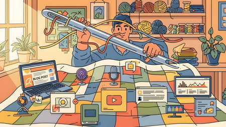 Man sewing a quilt with digital content icons, laptop, and microphone using a large needle and yarn.