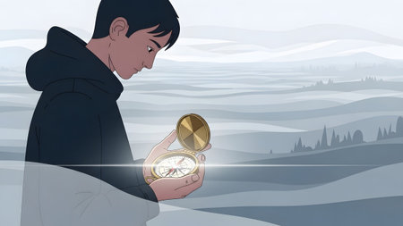 Young man holds an antique brass compass in a misty, abstract landscape with rolling hills.