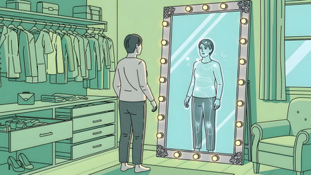 Person stands in a dressing room looking into a large lighted mirror with a holographic body...の写真素材