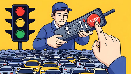 A man holds a remote control with a stop button, stopping a massive traffic jam of cars.の写真素材