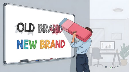 A man erases the words OLD BRAND from a whiteboard with a large eraser. Clear details and vibra...